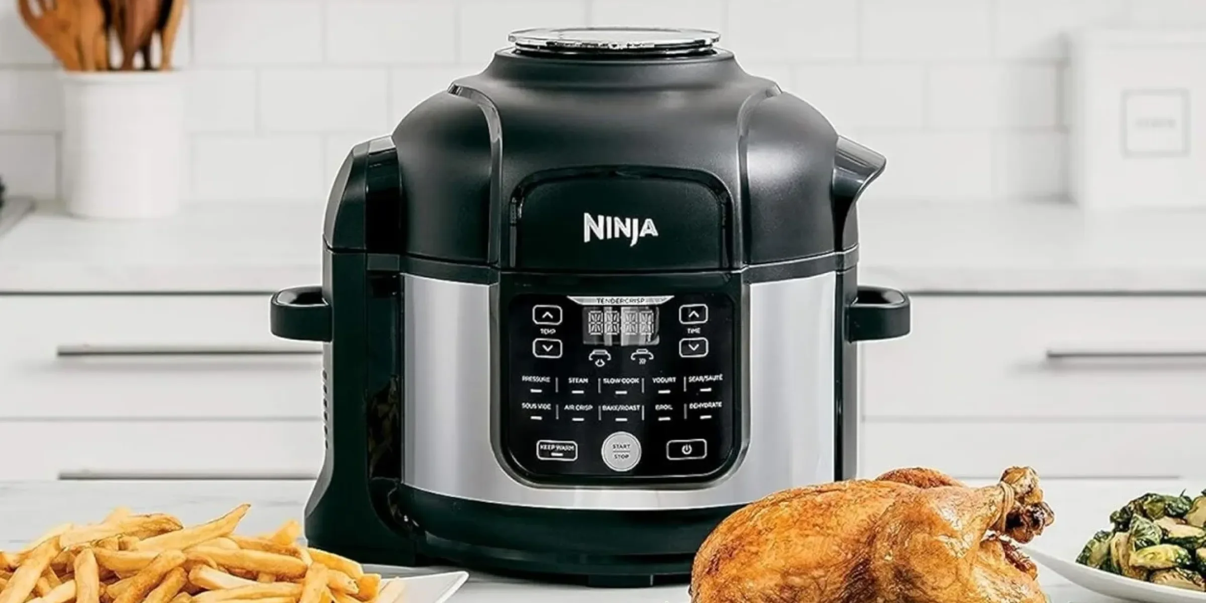 Ninja branded kitchen appliance in a white kitchen