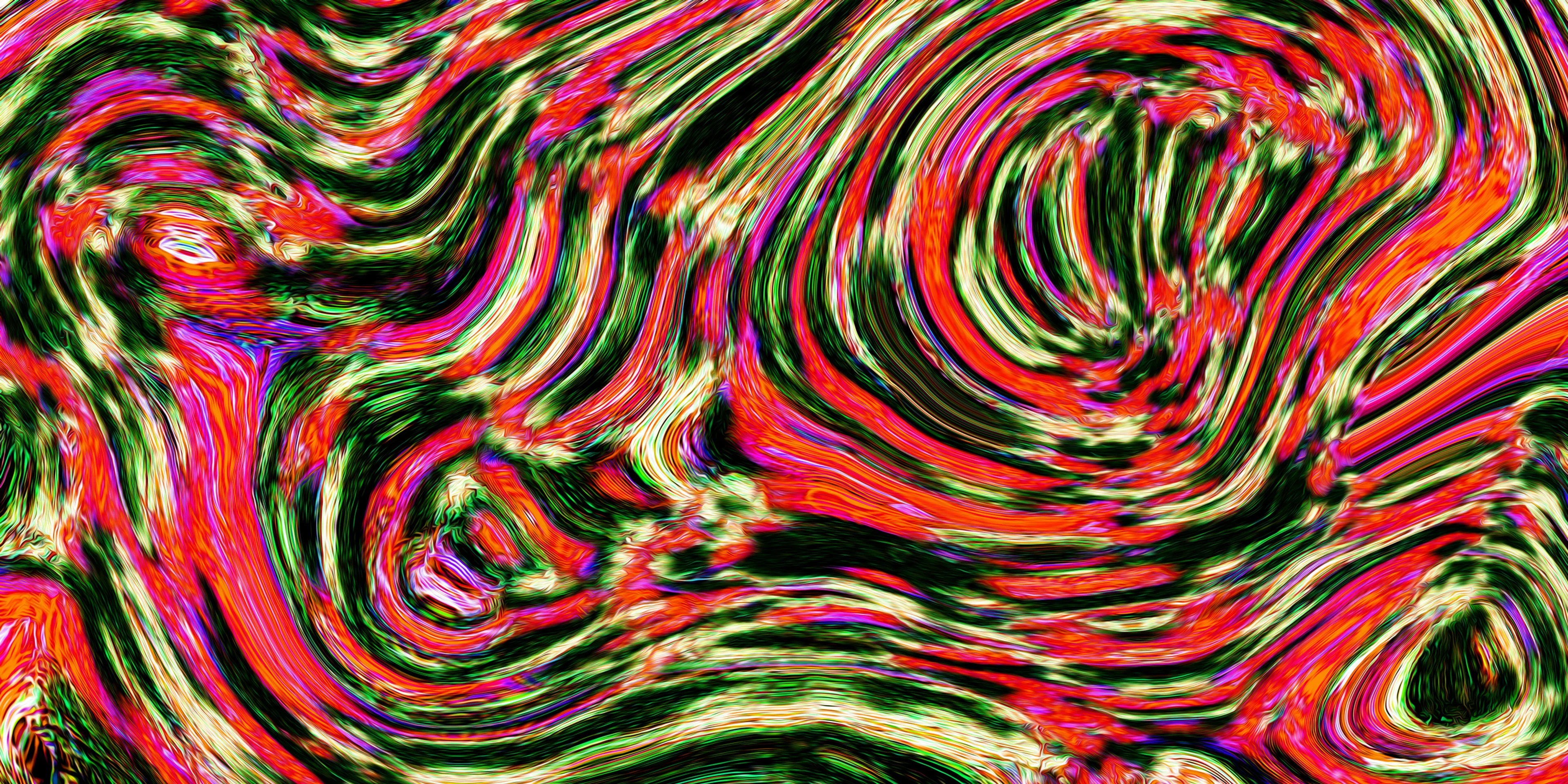 Abstract art with swirling red, green, and orange colors..
