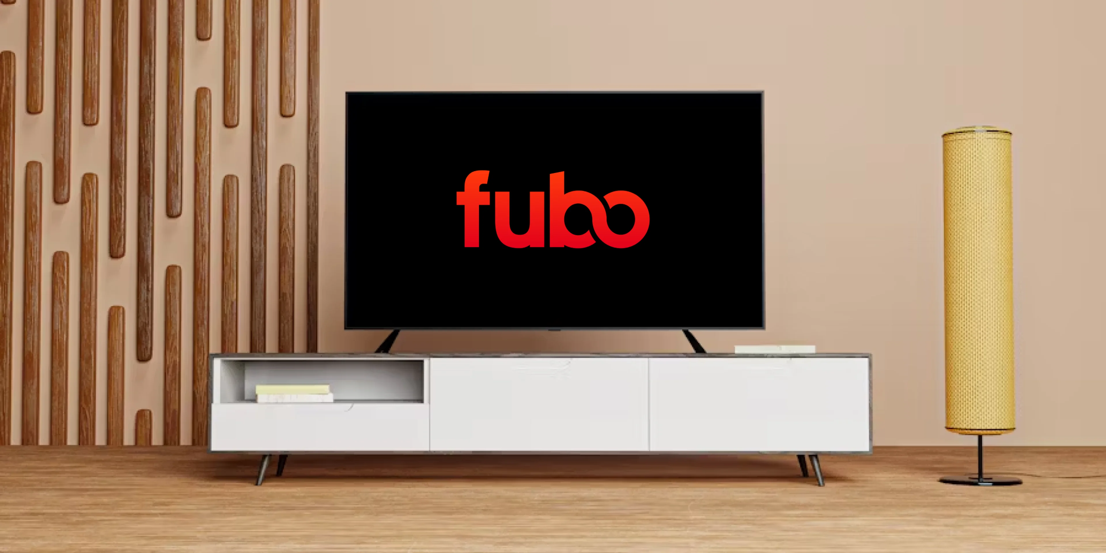 TV on a TV stand, showing the fubo logo