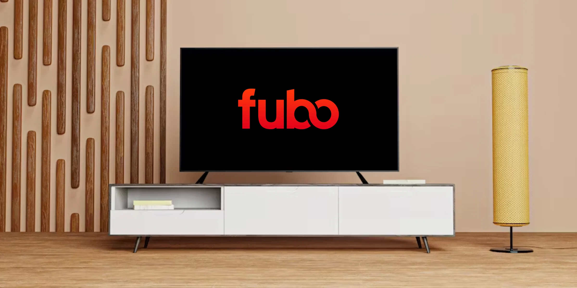 TV on a TV stand, showing the fubo logo