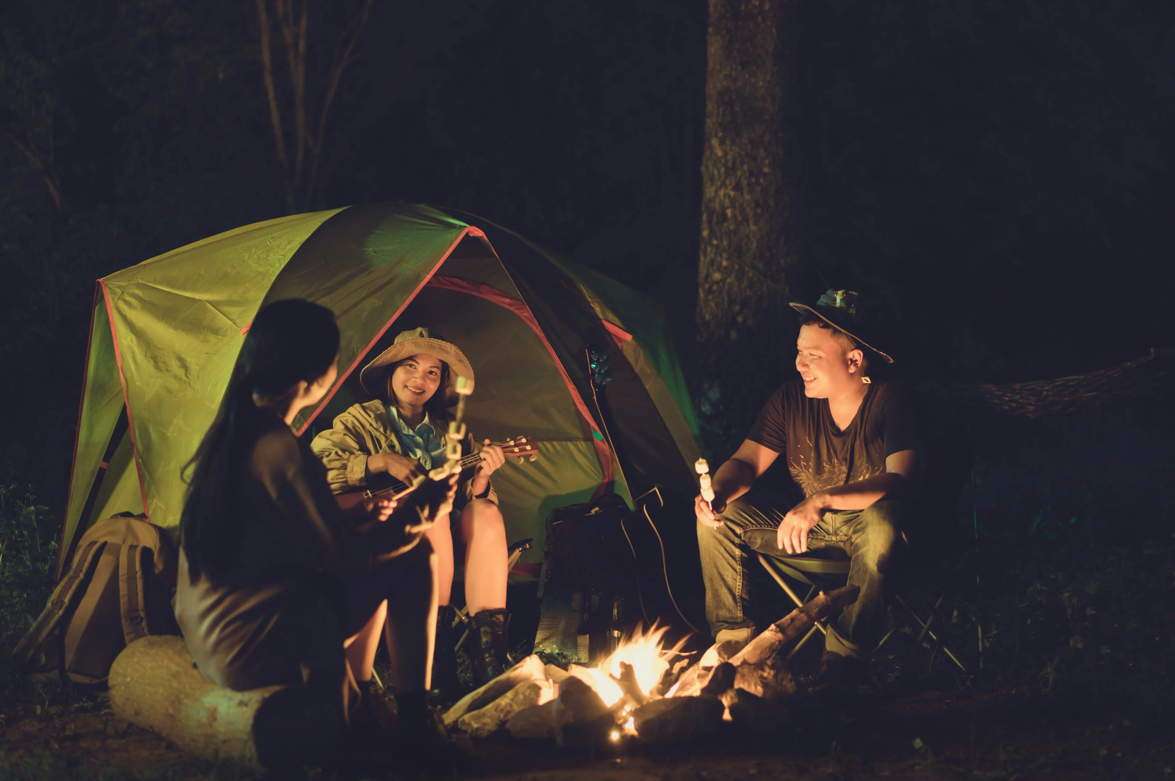 Happy people camping