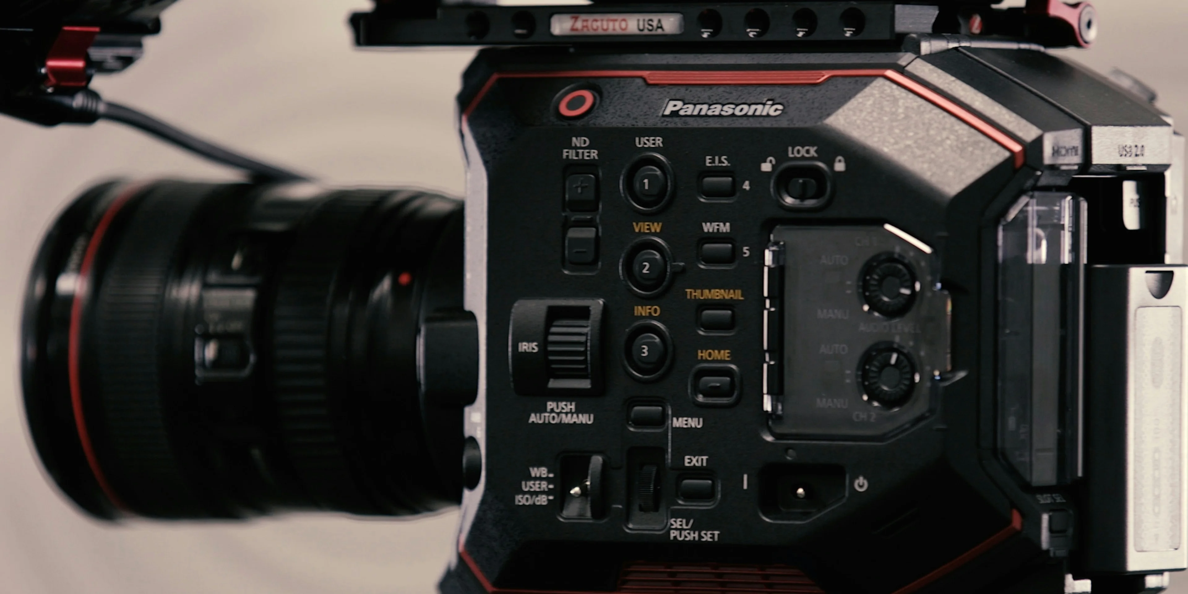 black Panasonic DSLR camera closeup photo.