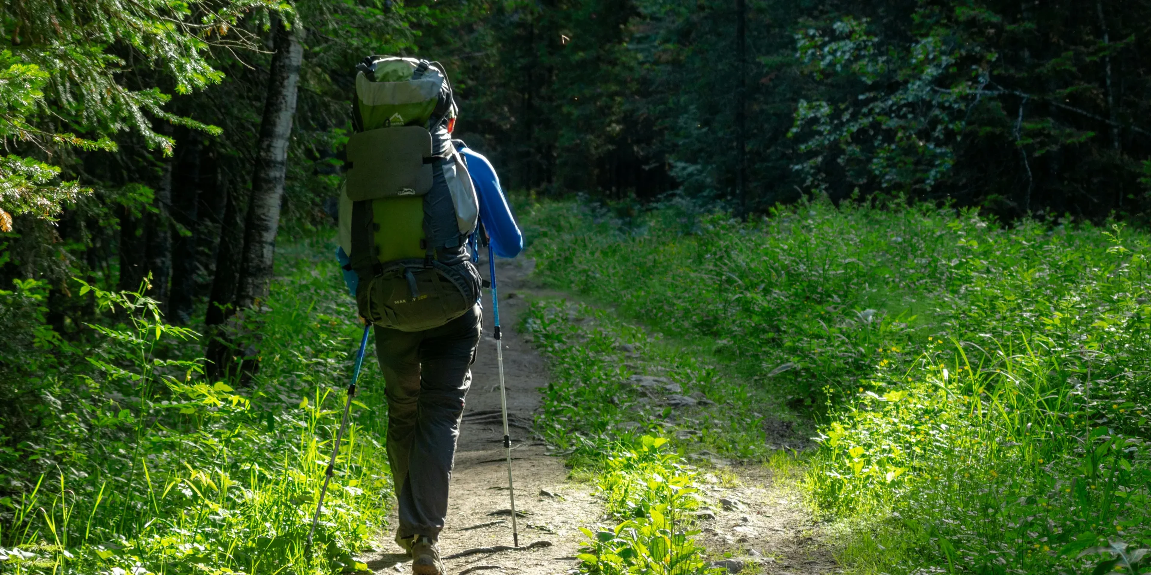 man in green shirt and brown pants with black backpack walking on dirt road between green