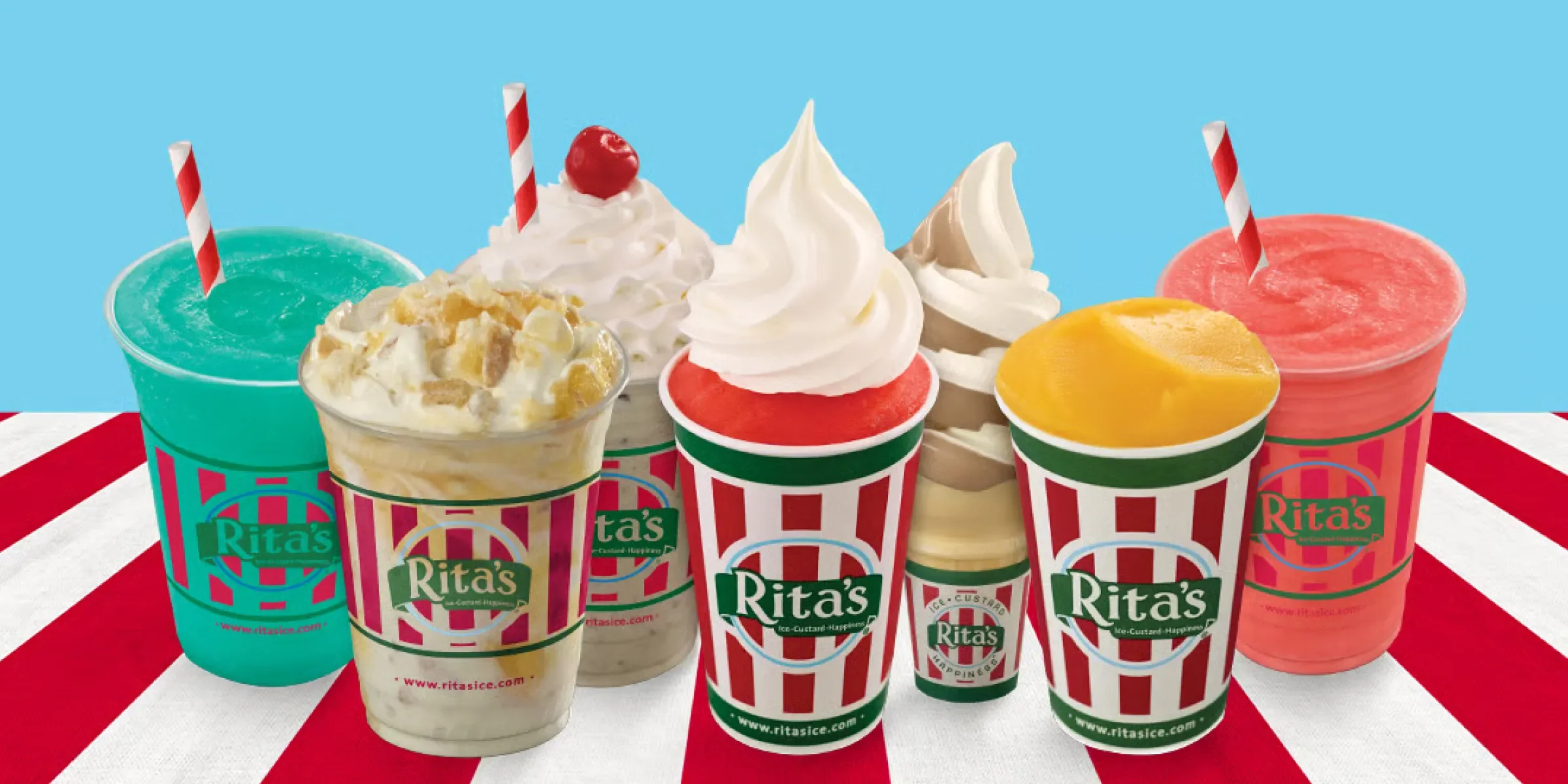 spread of Rita's branded desserts on a red and white surface and blue background