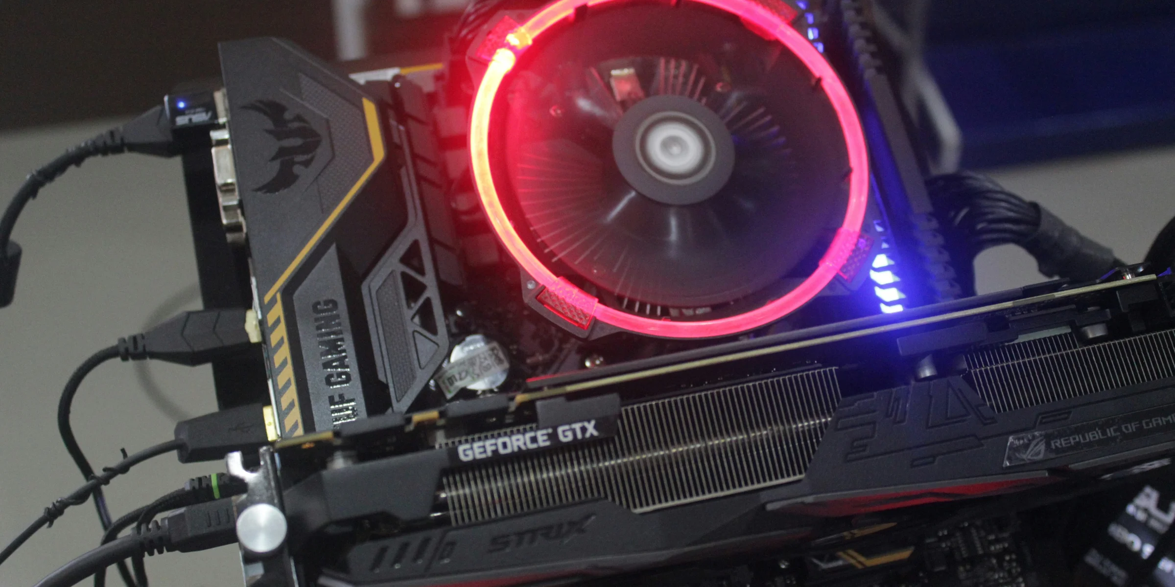 lighted black and gray graphics card
