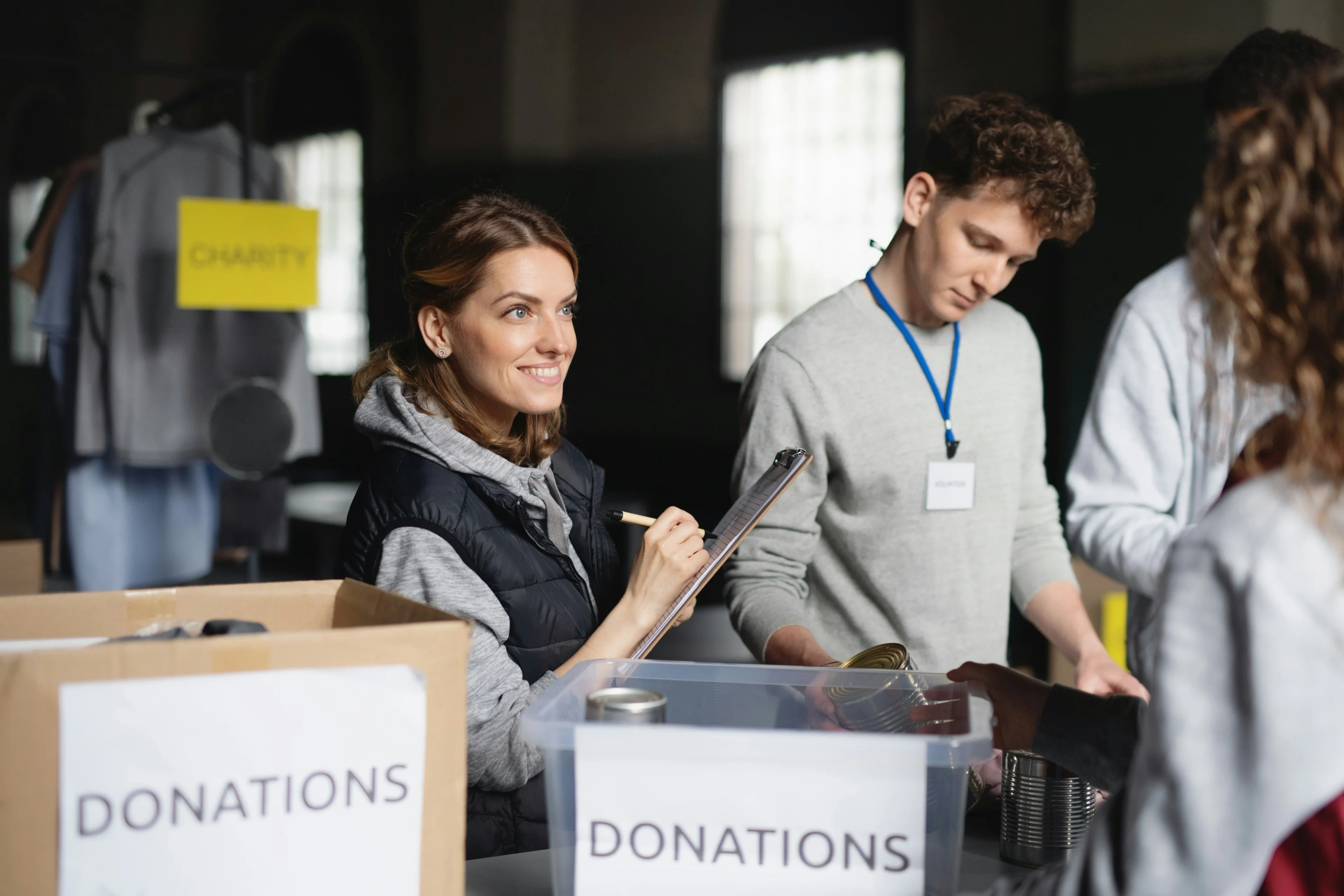 people working at a donations center