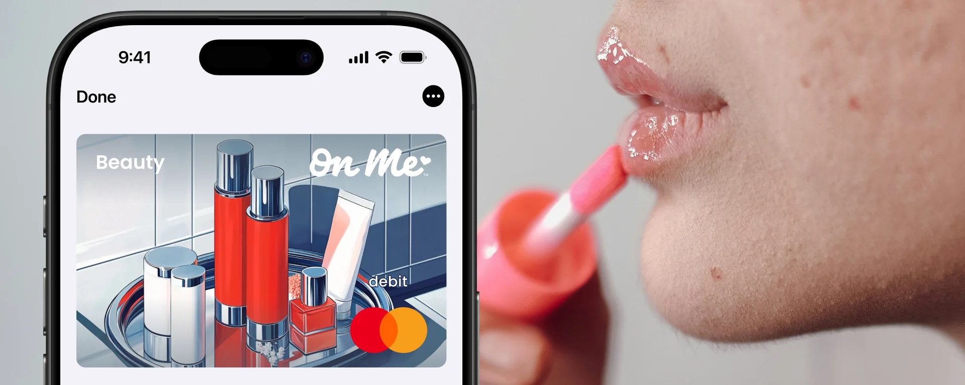 woman putting on lipgloss with on me gift card shown