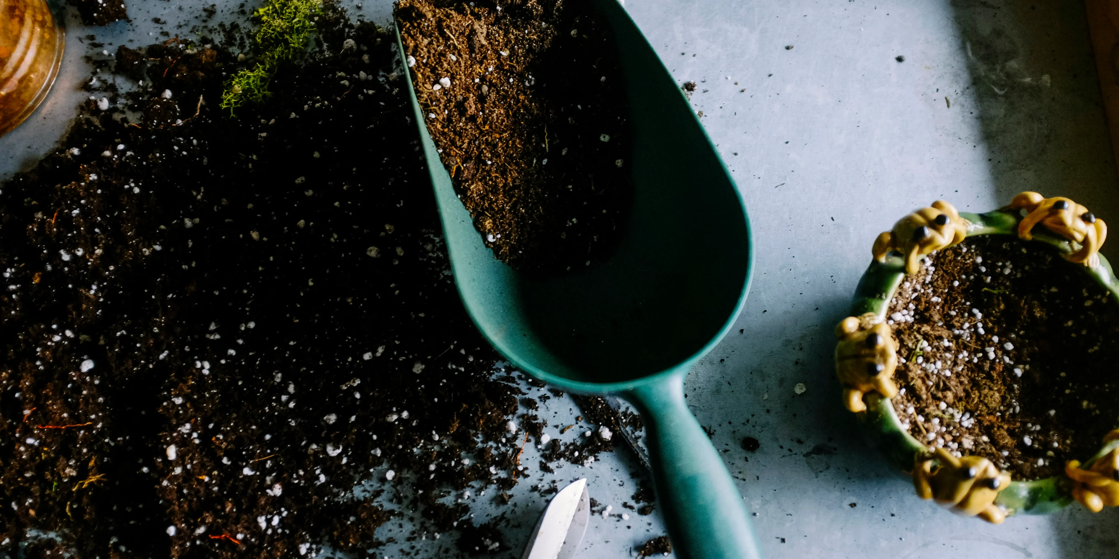green metal garden shovel filled with brown soil.
