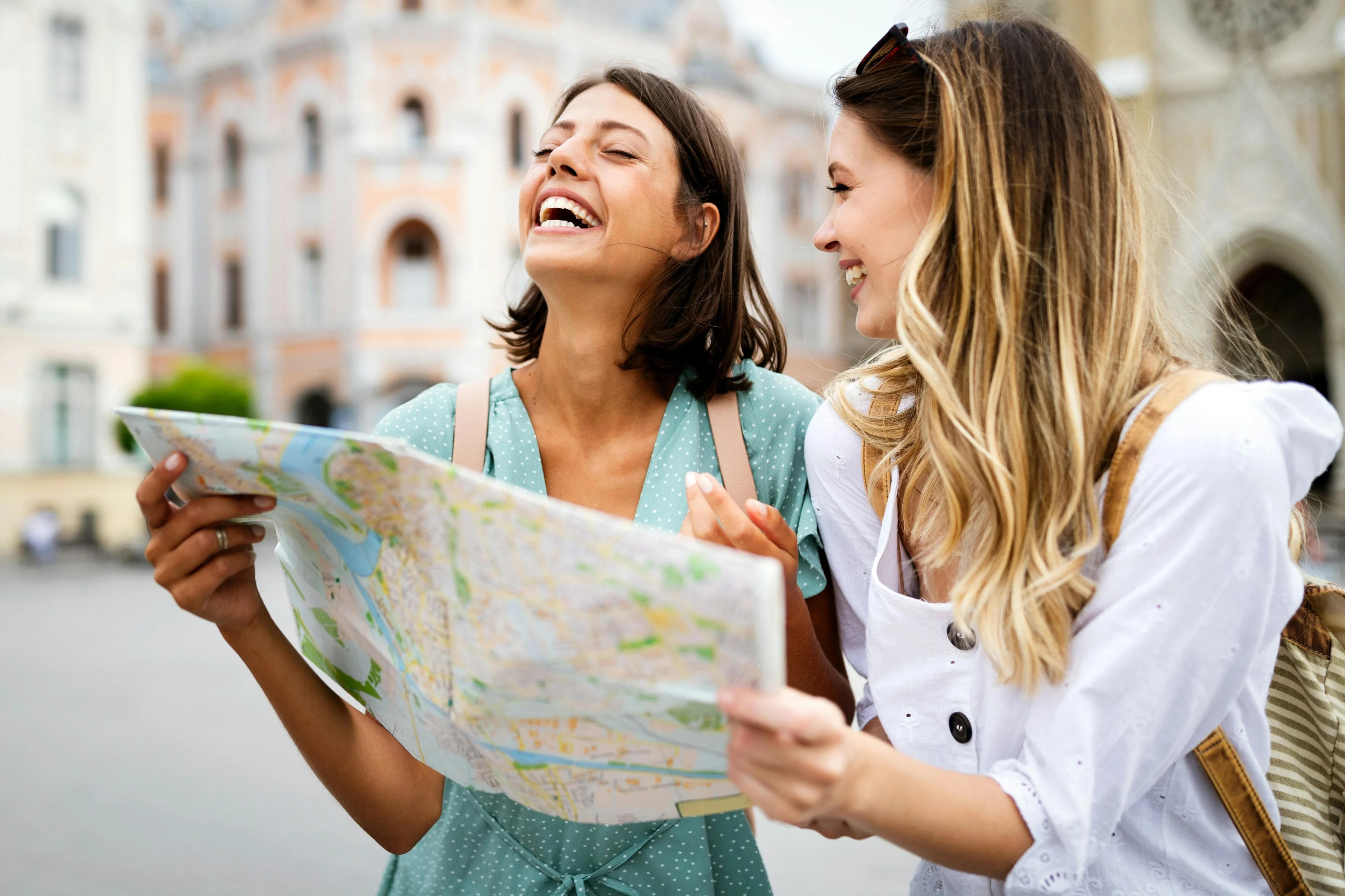 girls happy traveling