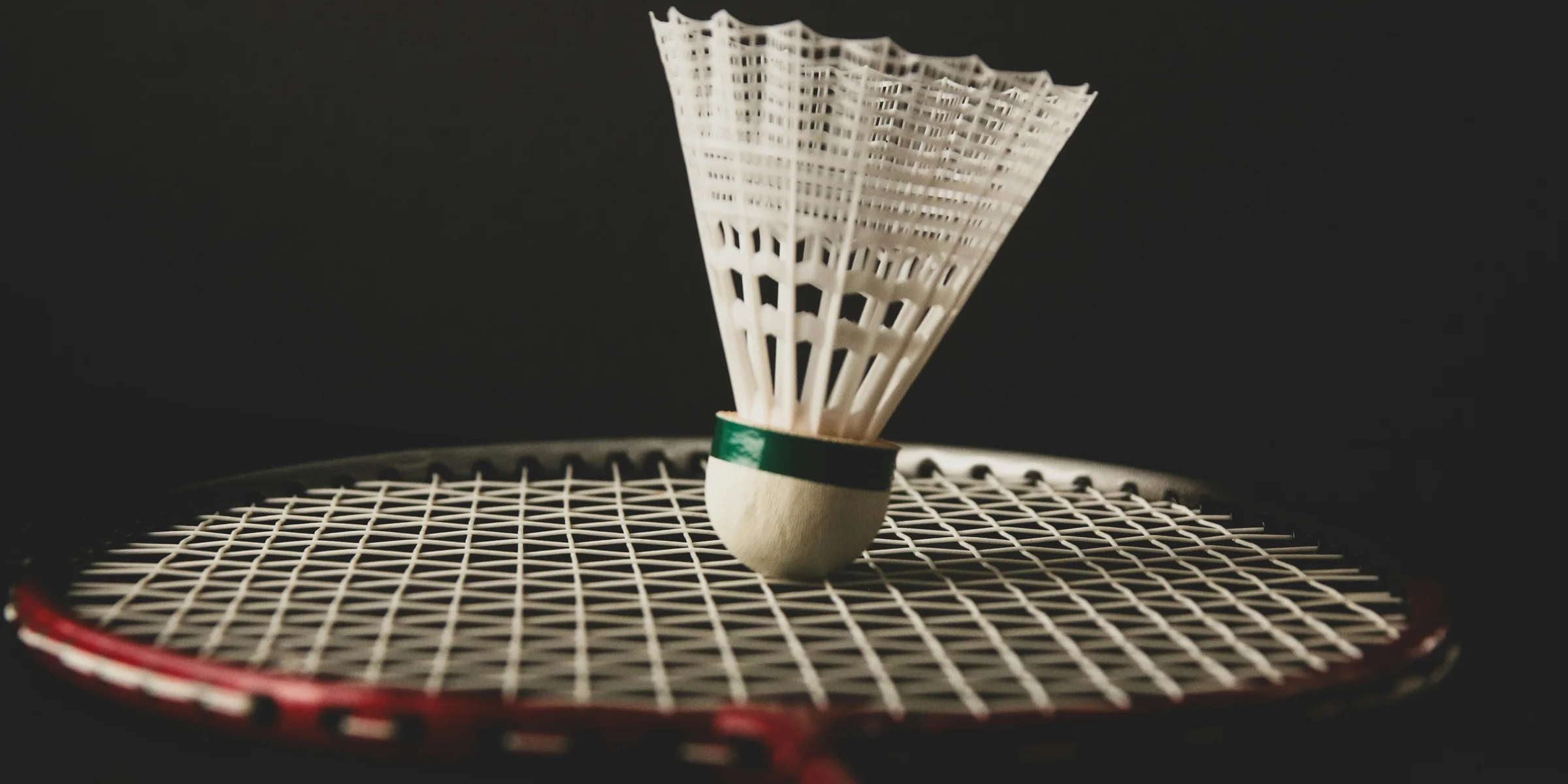 A badminton racket with a ball on it.