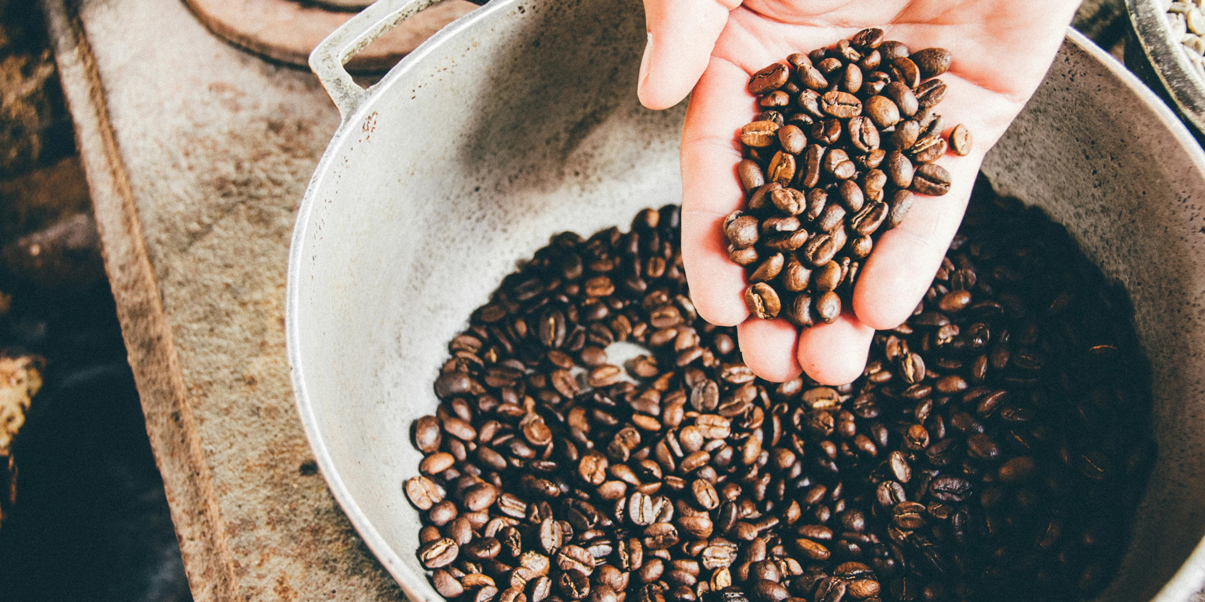 coffee beans on gray steel wok.