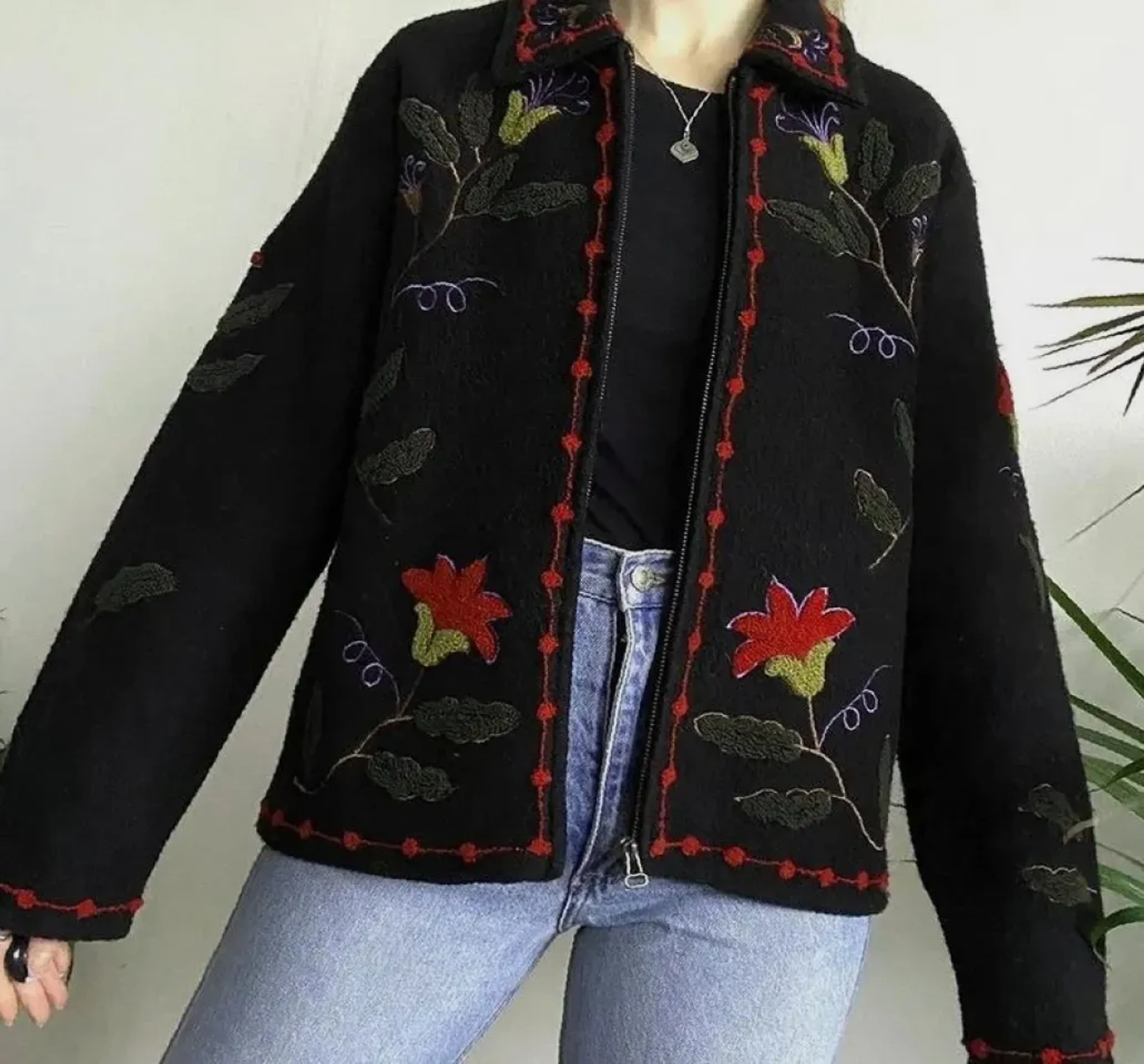Thrifting imagery featuring Floral Embroidered Wool Jacket