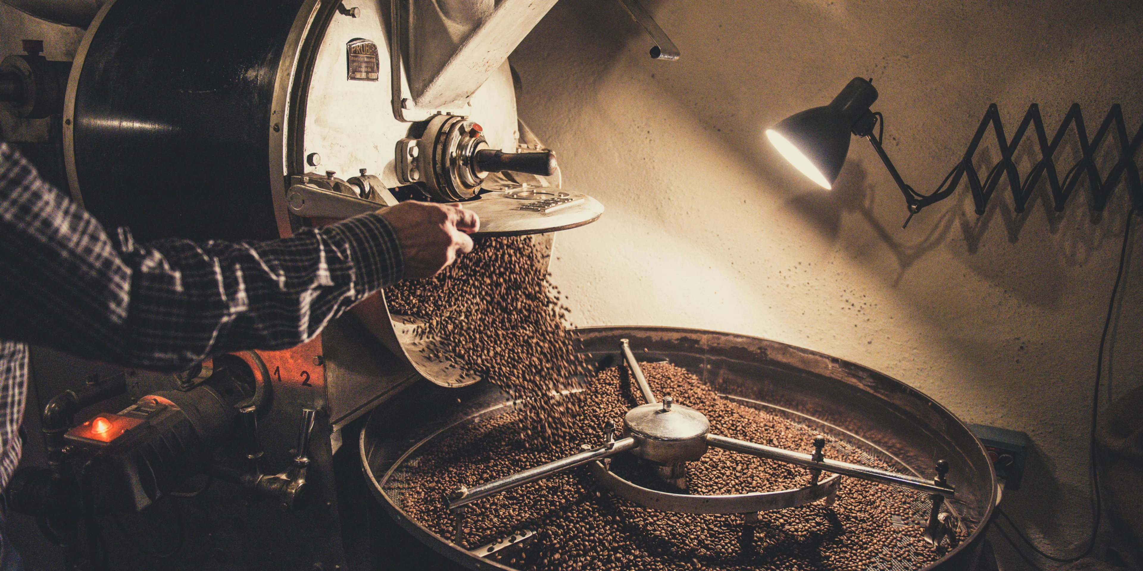 person pouring coffee beans on a machine.