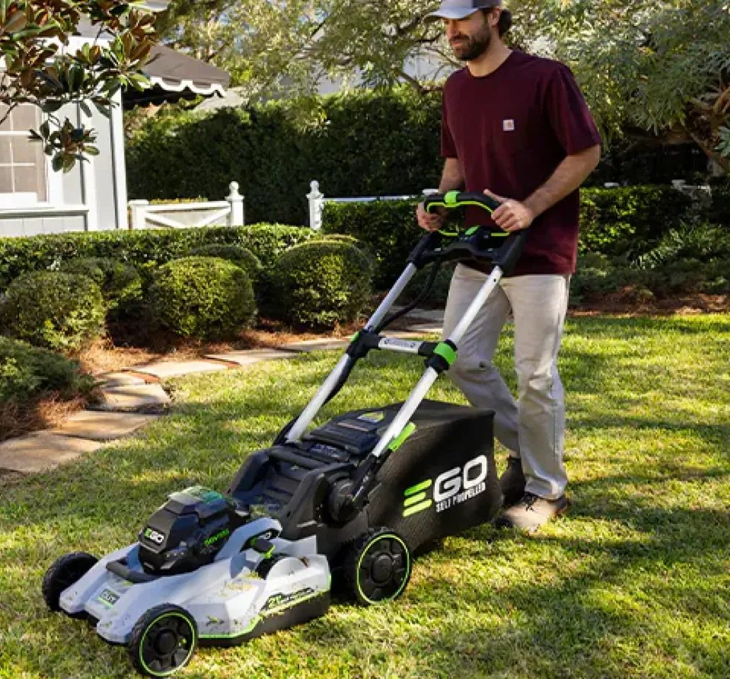 Gardening imagery featuring EGO Electric Self-Propelled Lawn Mower