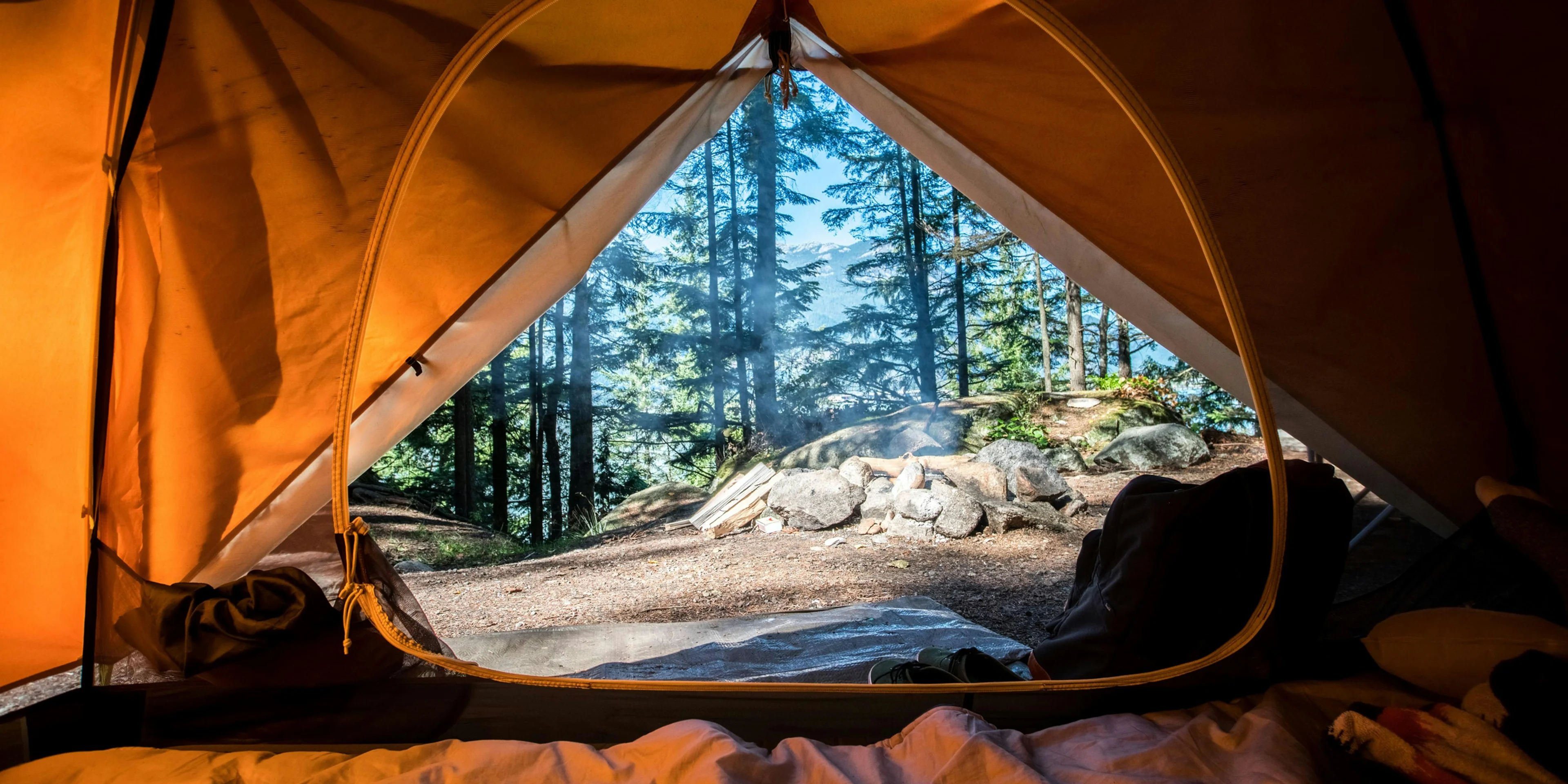 orange camping tent near green trees.