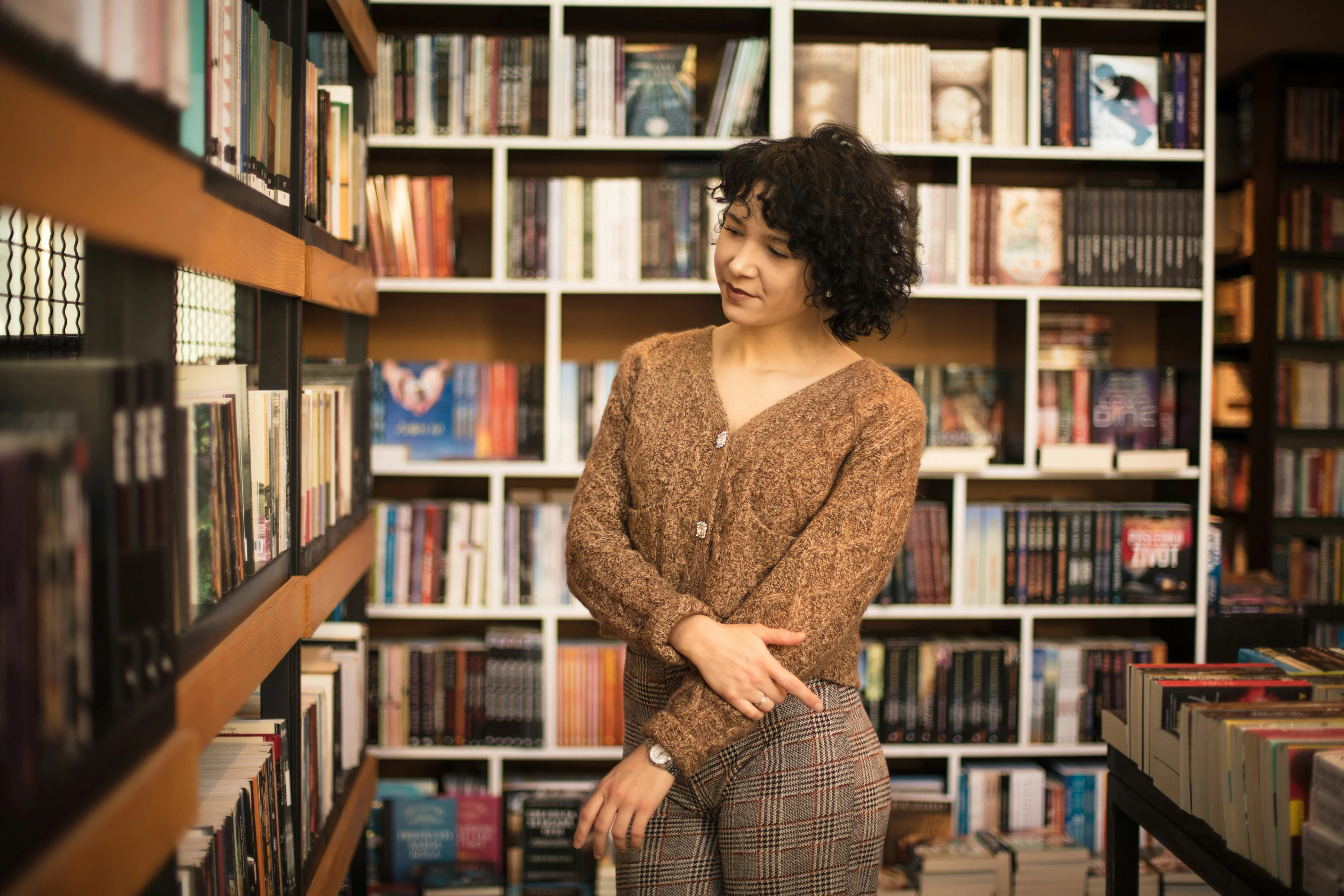 Happy person in bookstore
